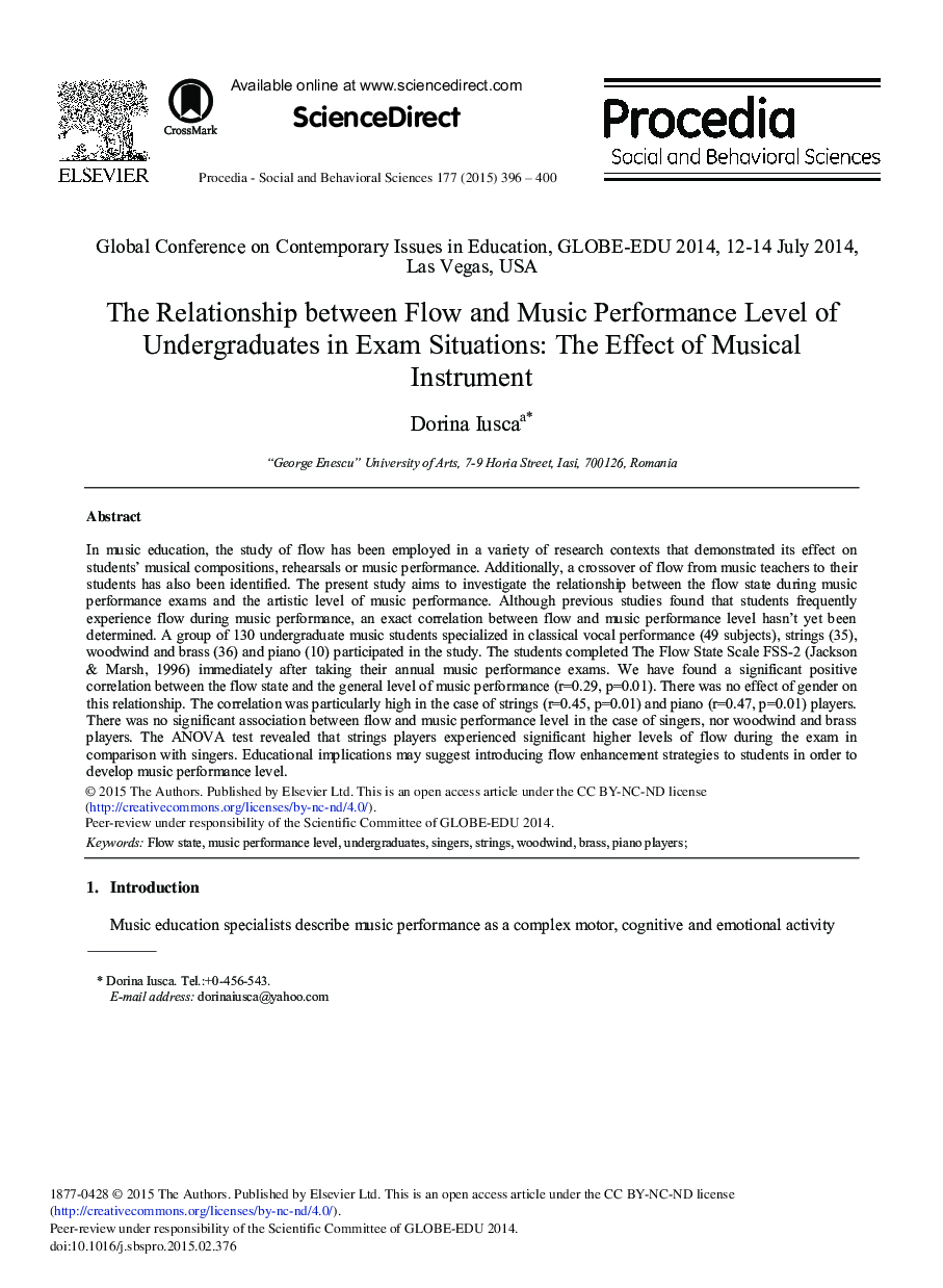 The Relationship between Flow and Music Performance Level of Undergraduates in Exam Situations: The Effect of Musical Instrument 