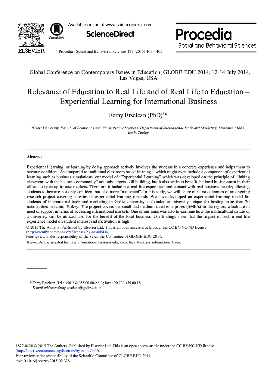 Relevance of Education to Real Life and of Real Life to Education – Experiential Learning for International Business 