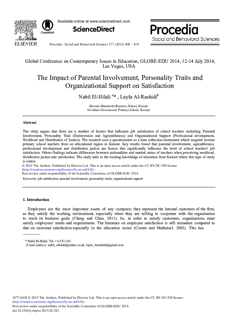 The Impact of Parental Involvement, Personality Traits and Organizational Support on Satisfaction 