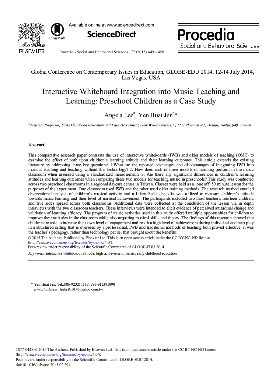 Interactive Whiteboard Integration into Music Teaching and Learning: Preschool Children as a Case Study 