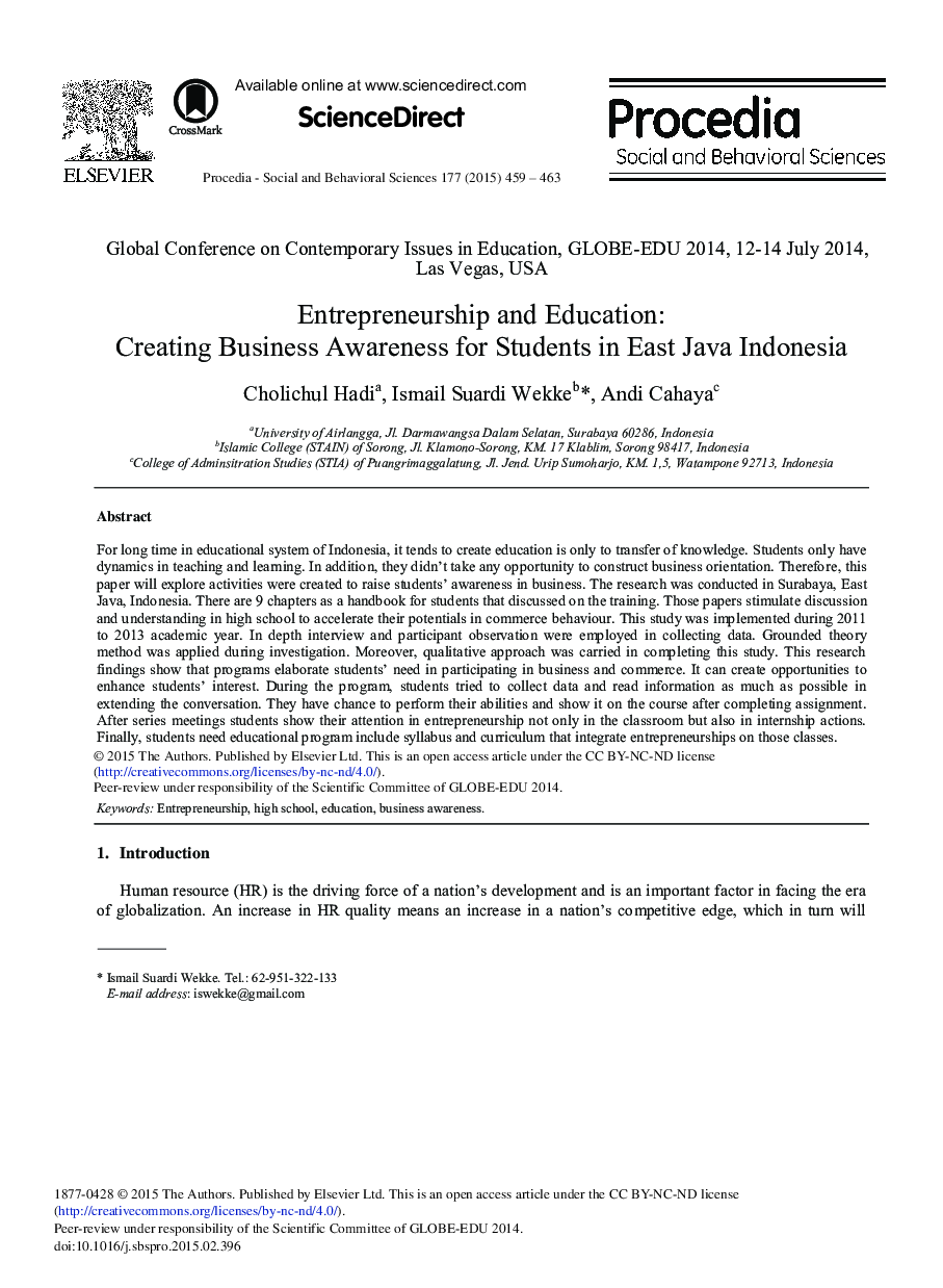 Entrepreneurship and Education: Creating Business Awareness for Students in East Java Indonesia 