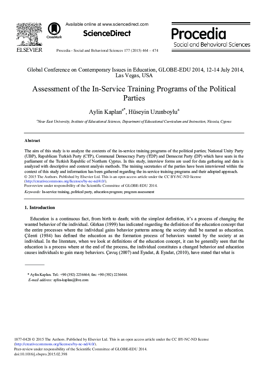 Assessment of the In-Service Training Programs of the Political Parties 