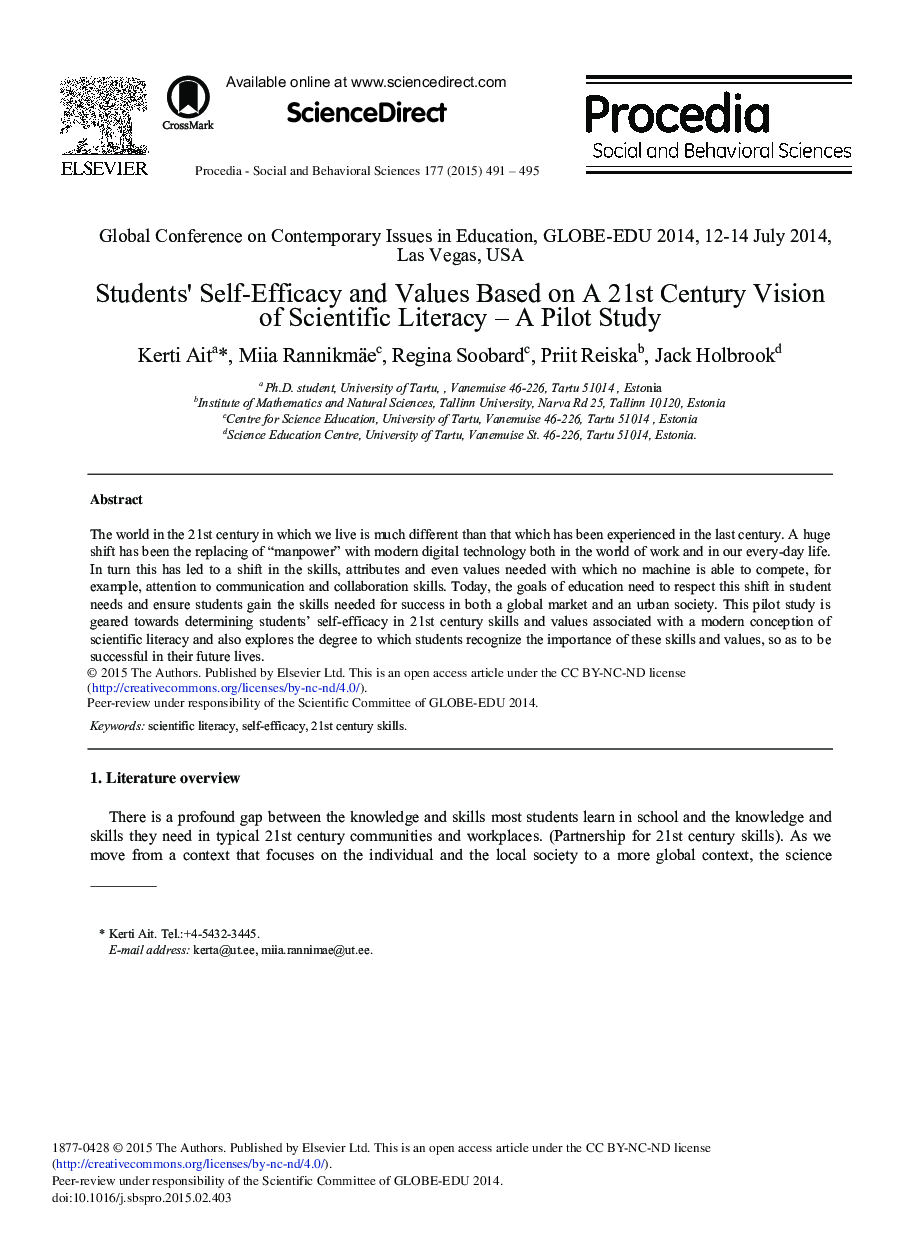 Students’ Self-Efficacy and Values Based on A 21st Century Vision of Scientific Literacy – A Pilot Study 