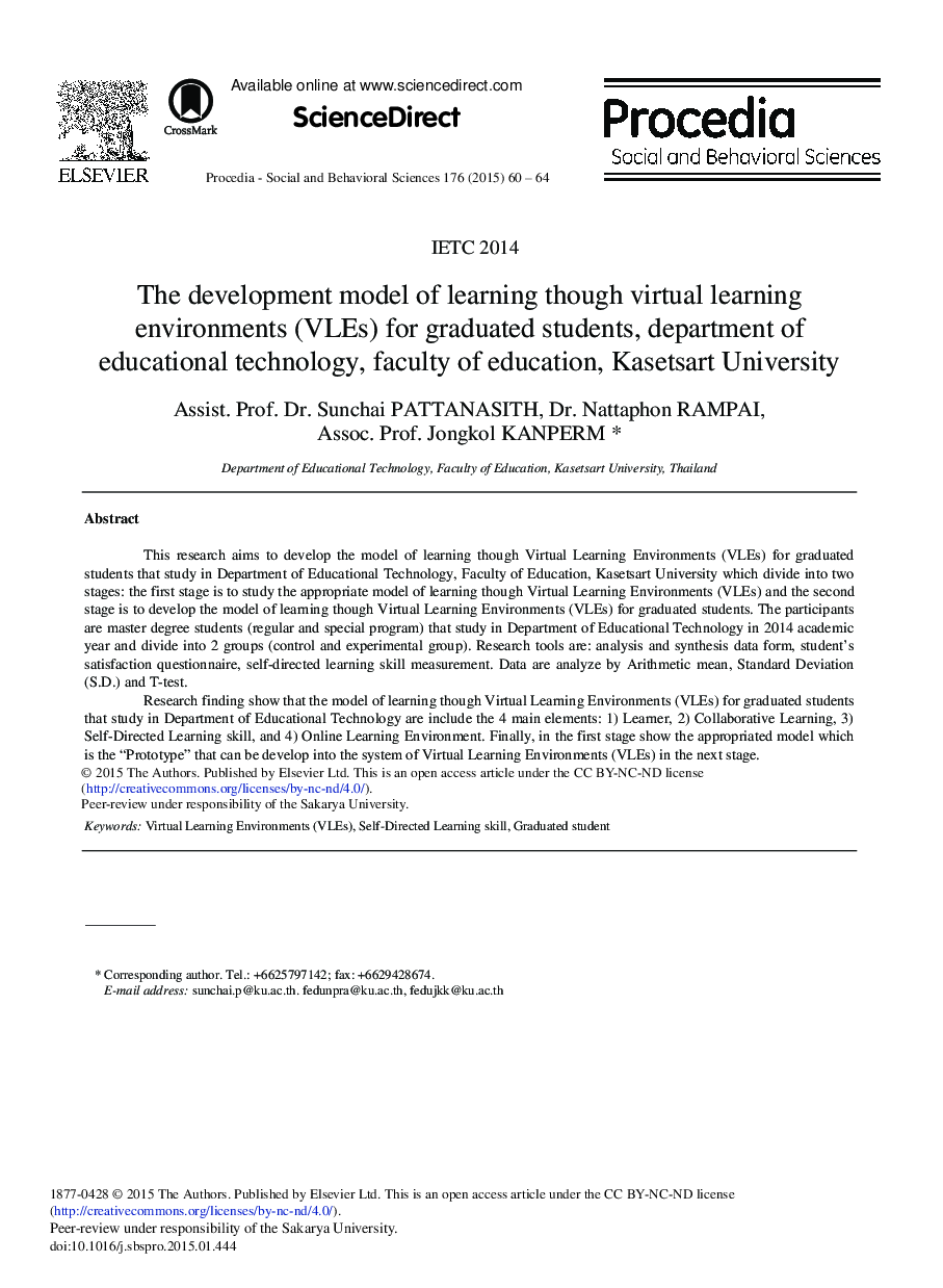 The Development Model of Learning though Virtual Learning Environments (VLEs) for Graduated Students, Department of Educational Technology, Faculty of Education, Kasetsart University 