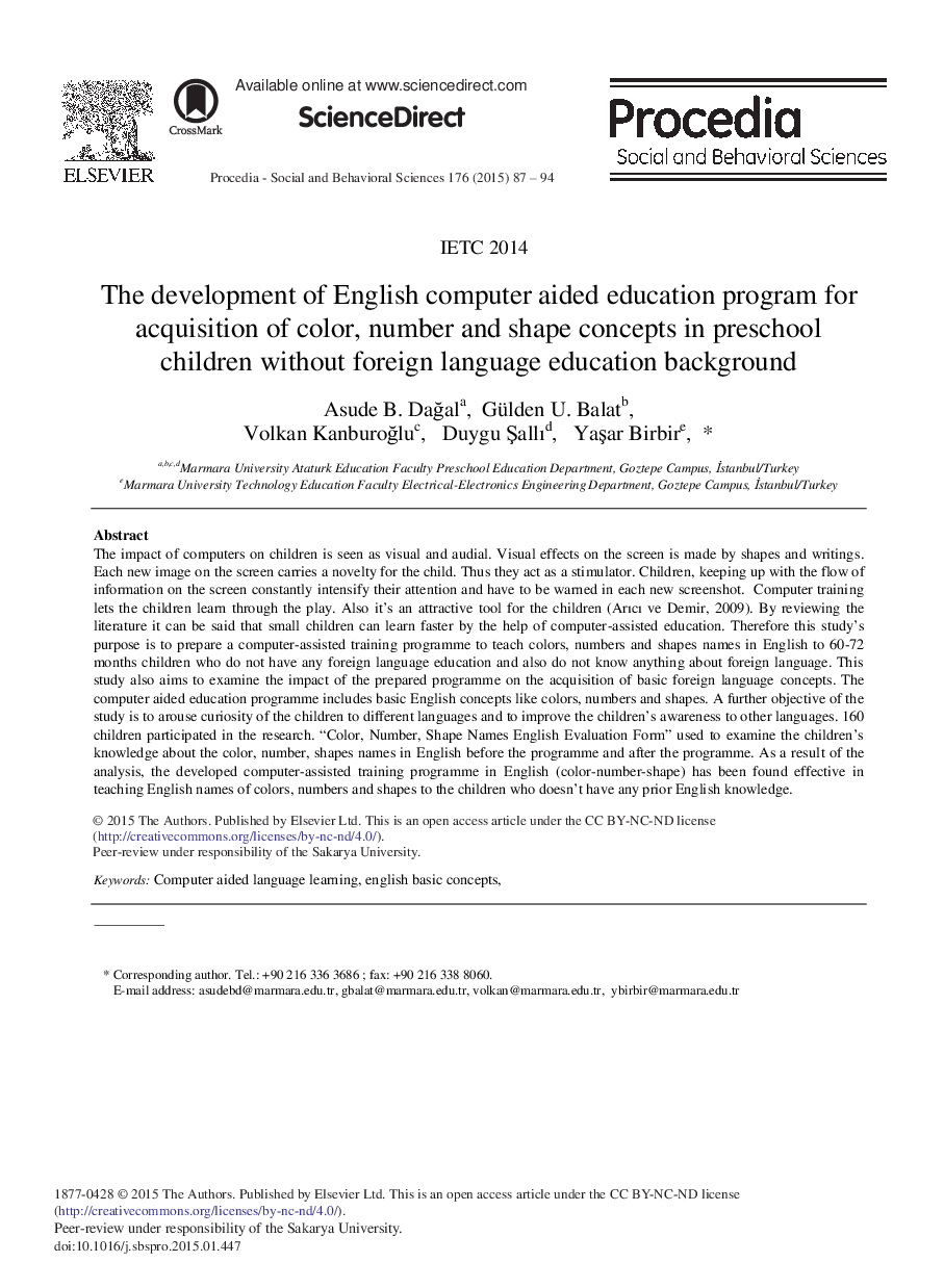 The Development of English Computer Aided Education Program for Acquisition of Color, Number and Shape Concepts in Preschool Children without Foreign Language Education Background 