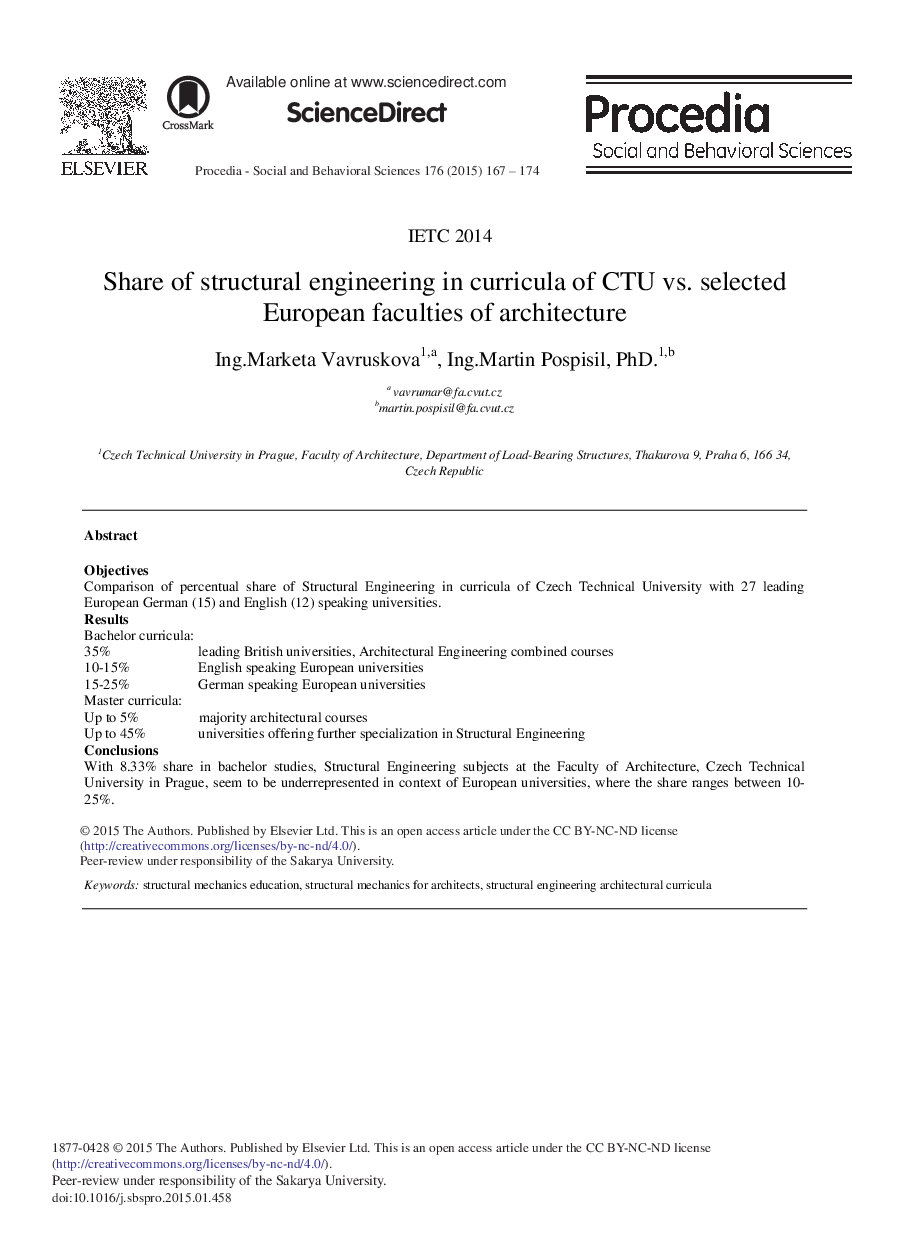 Share of Structural Engineering in Curricula of CTU vs. Selected European Faculties of Architecture 