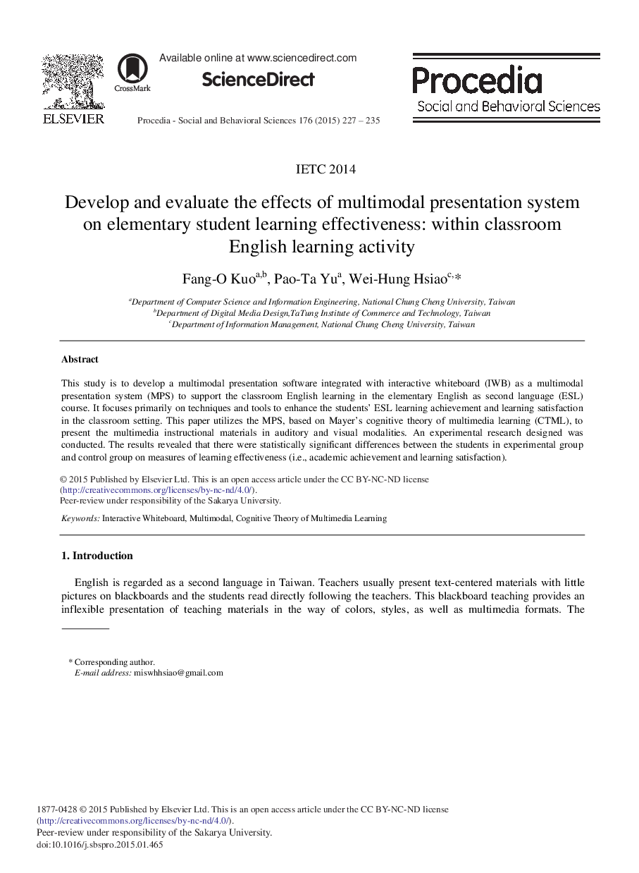 Develop and Evaluate the Effects of Multimodal Presentation System on Elementary Student Learning Effectiveness: Within Classroom English Learning Activity 