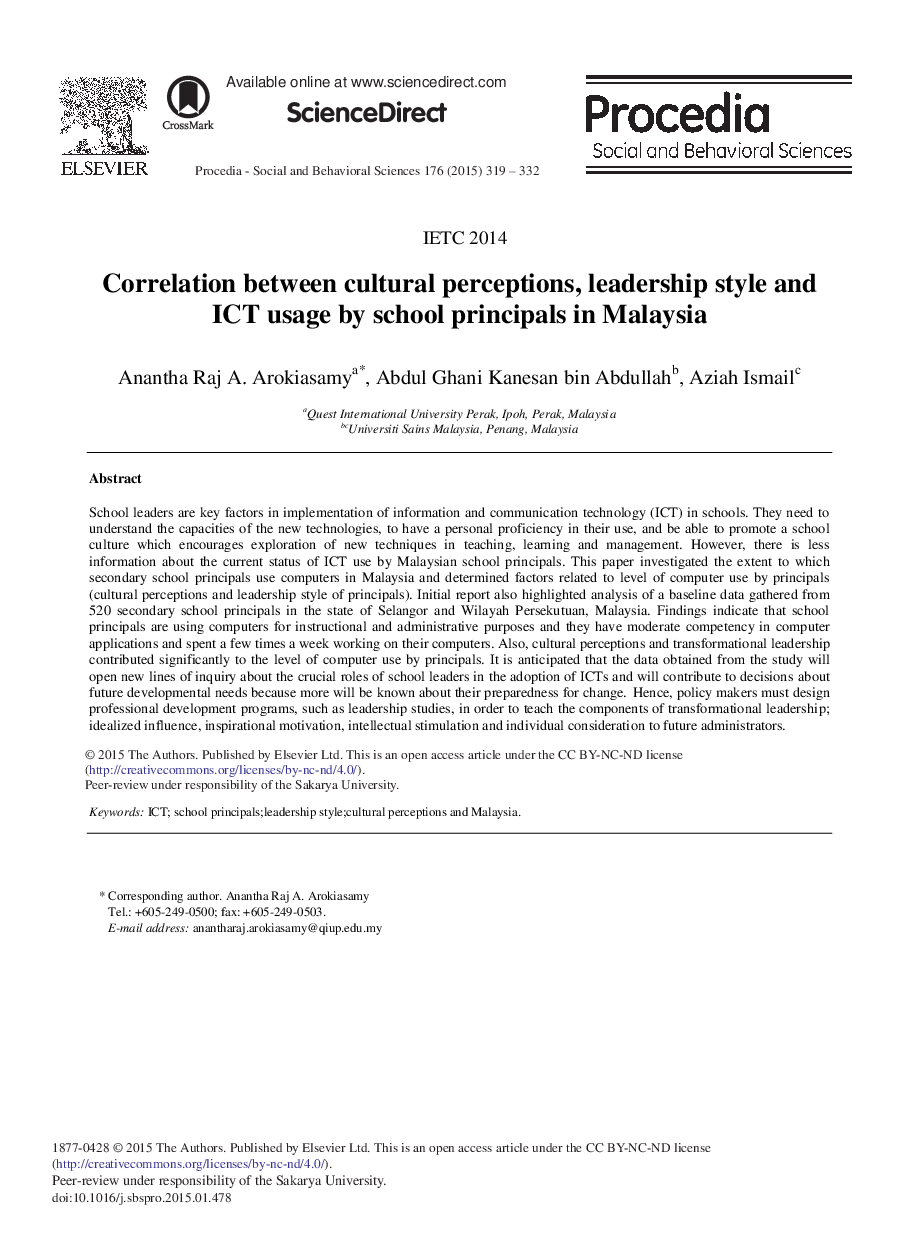Correlation between Cultural Perceptions, Leadership Style and ICT Usage by School Principals in Malaysia 