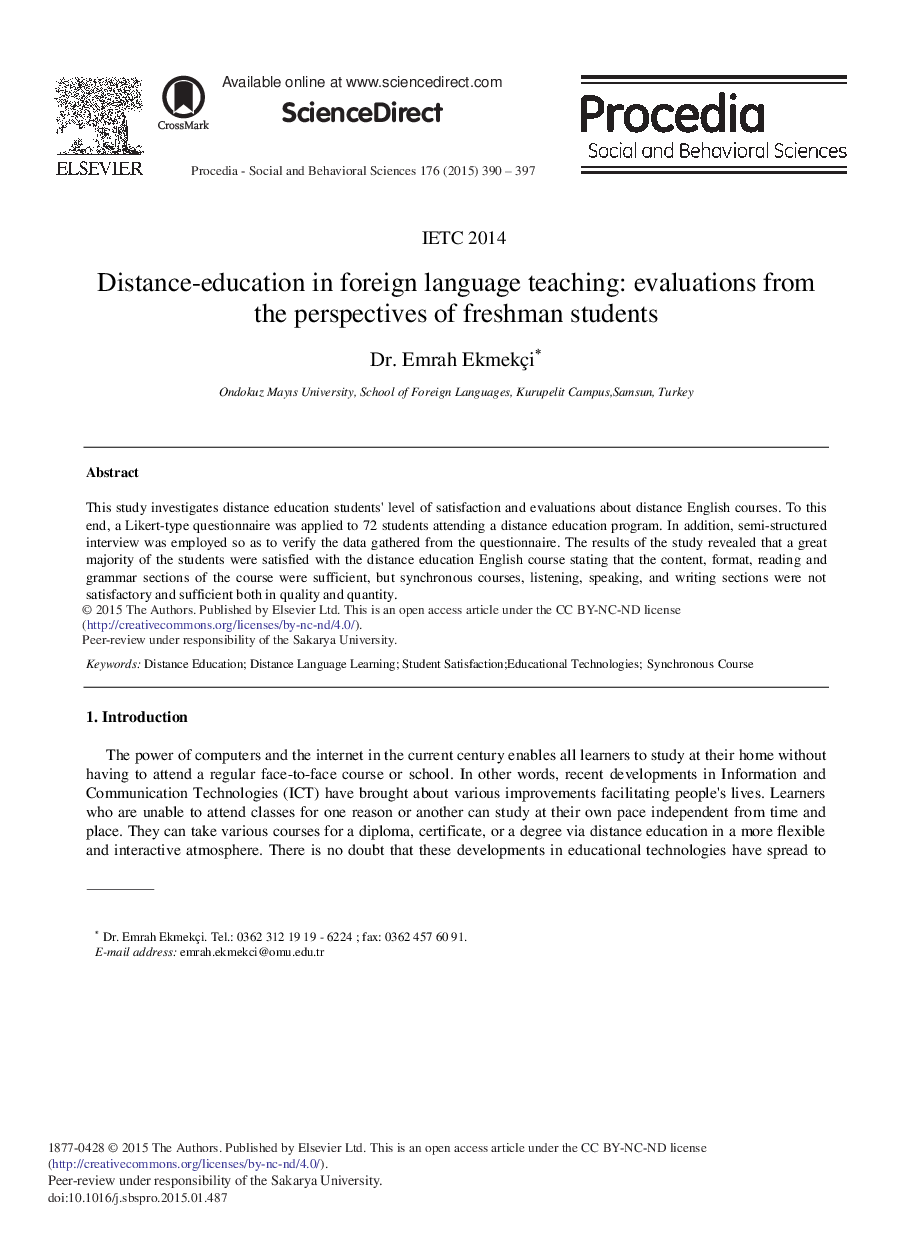 Distance-education in Foreign Language Teaching: Evaluations from the Perspectives of Freshman Students 