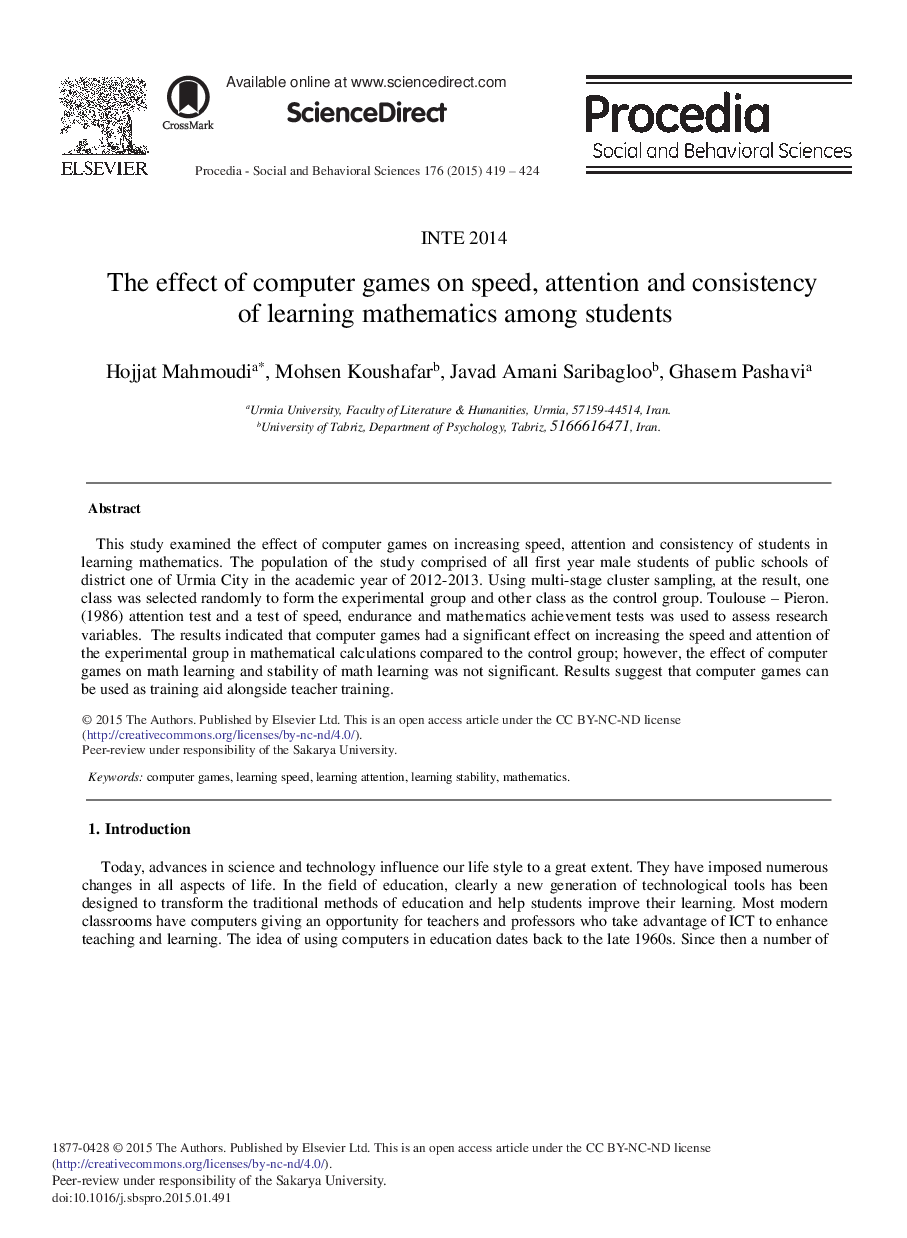 The Effect of Computer Games on Speed, Attention and Consistency of Learning Mathematics among Students 