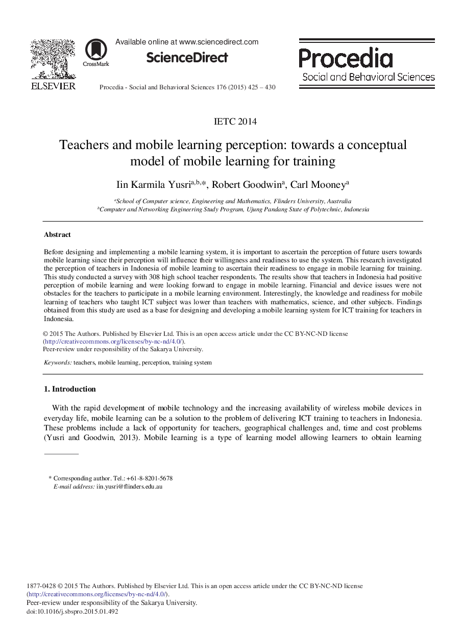 Teachers and Mobile Learning Perception: Towards a Conceptual Model of Mobile Learning for Training 