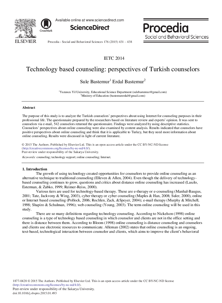 Technology Based Counseling: Perspectives of Turkish Counselors 