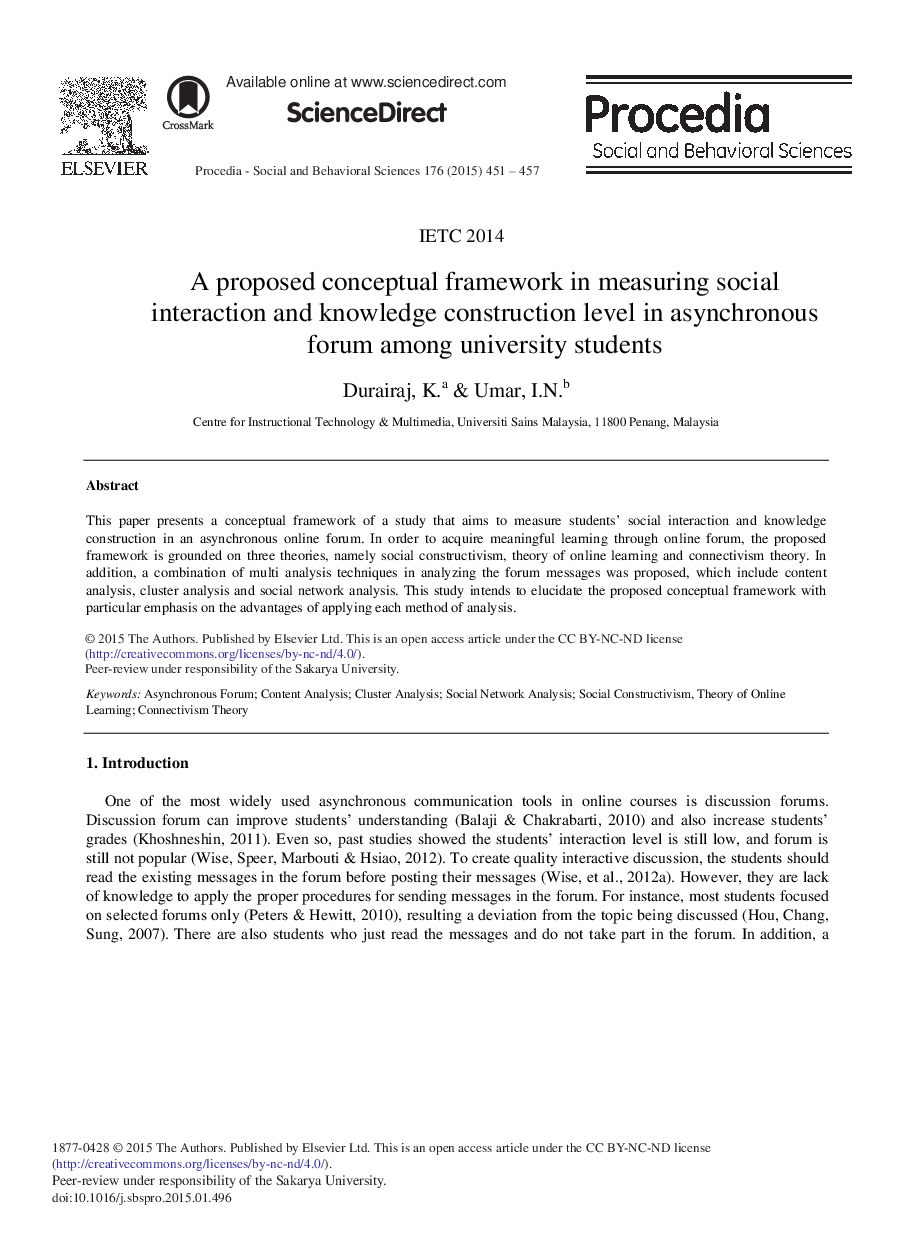 یک چارچوب مفهومی پیشنهادی در اندازه گیری تعامل اجتماعی و سطح ساخت دانش در انجمن ناهمزمان در میان دانشجویان دانشگاه؟ 