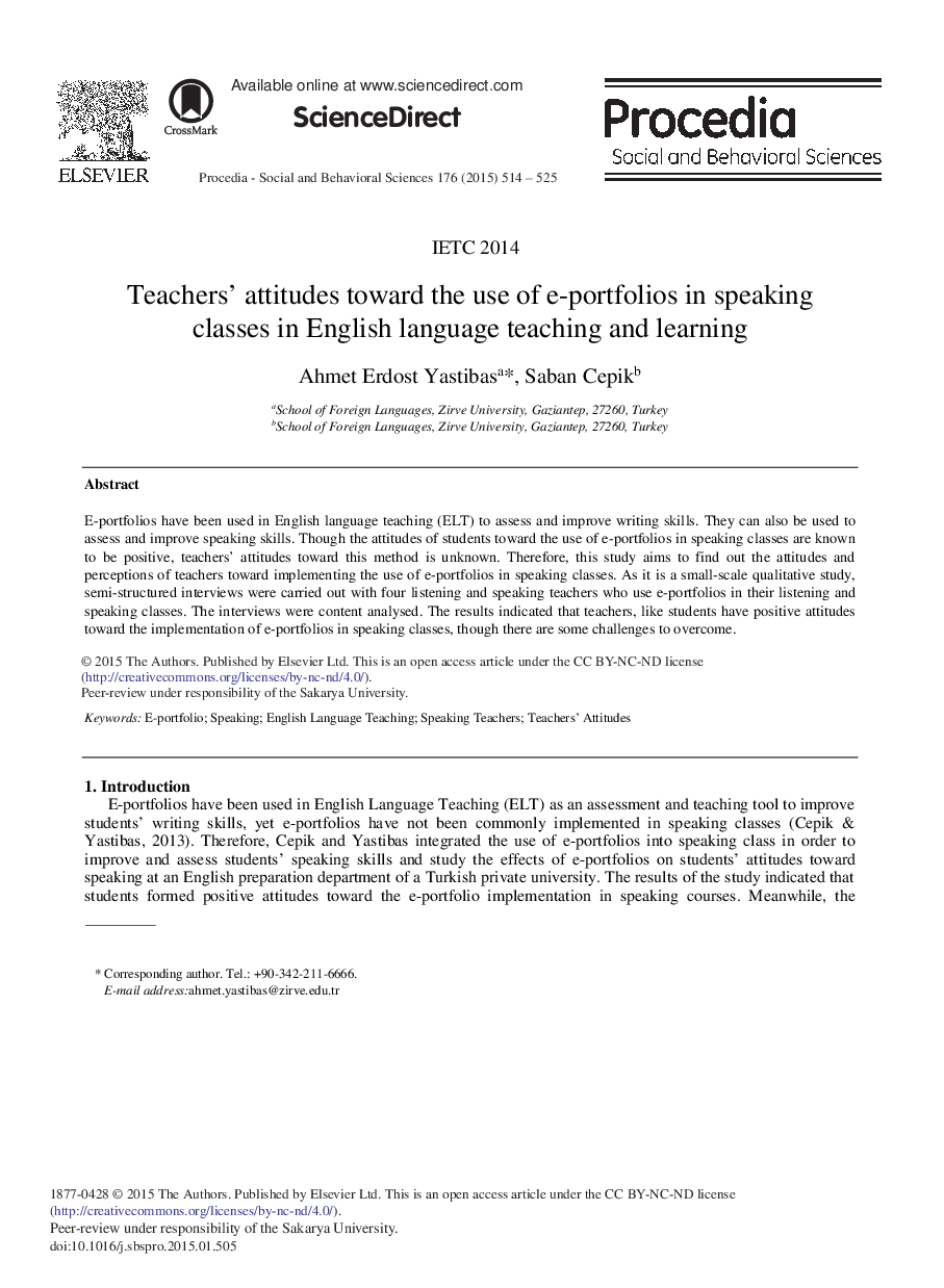 Teachers’ Attitudes toward the Use of e-portfolios in Speaking Classes in English Language Teaching and Learning 