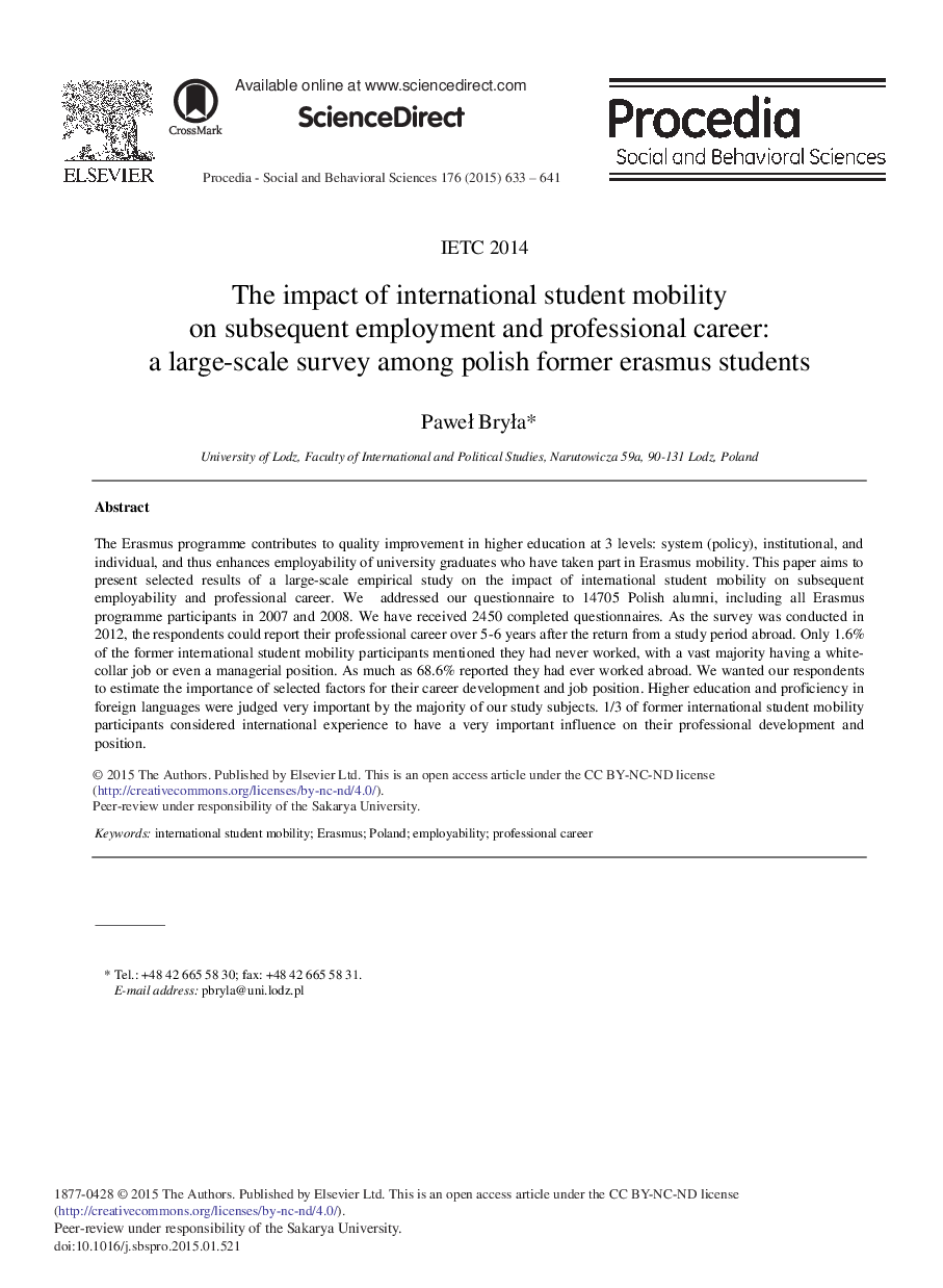 The Impact of International Student Mobility on Subsequent Employment and Professional Career: A Large-scale Survey among Polish Former Erasmus Students 