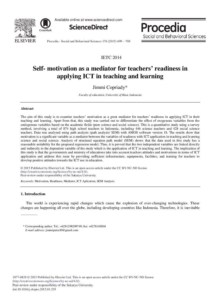 Self-motivation as a Mediator for Teachers’ Readiness in Applying ICT in Teaching and Learning 