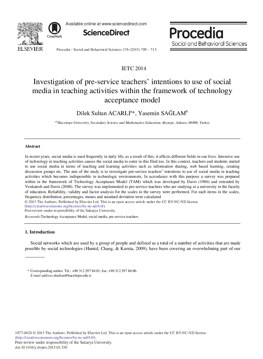 Investigation of Pre-service Teachers’ Intentions to Use of Social Media in Teaching Activities within the Framework of Technology Acceptance Model 