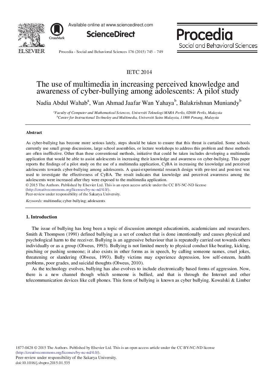 The Use of Multimedia in Increasing Perceived Knowledge and Awareness of Cyber-bullying among Adolescents: A Pilot Study 