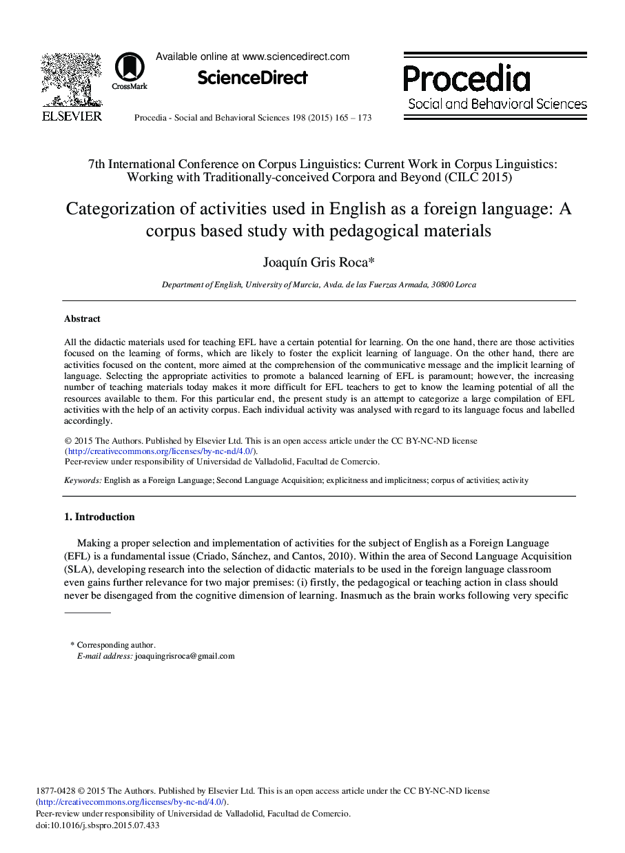 Categorization of Activities Used in English as a foreign Language: A Corpus Based Study with Pedagogical Materials 