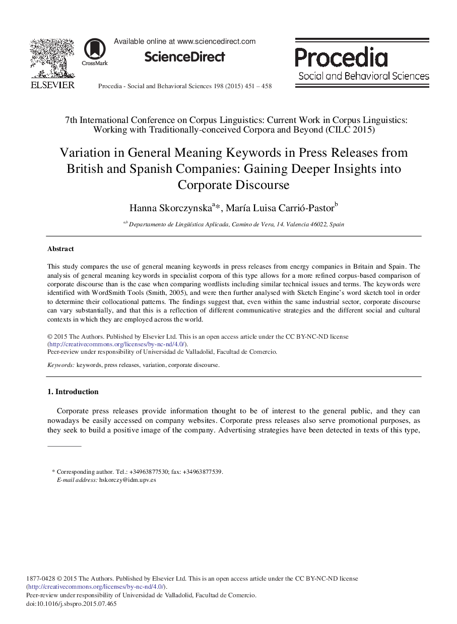 Variation in General Meaning Keywords in Press Releases from British and Spanish Companies: Gaining Deeper Insights into Corporate Discourse 