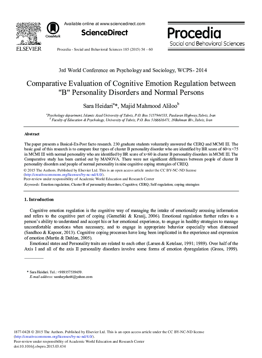 Comparative Evaluation of Cognitive Emotion Regulation between “B” Personality Disorders and Normal Persons 