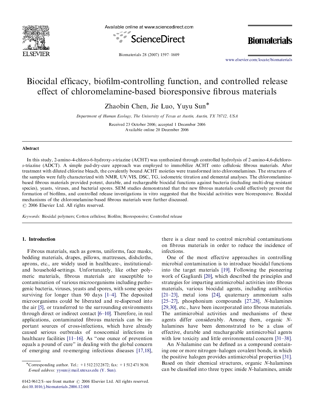 Biocidal efficacy, biofilm-controlling function, and controlled release effect of chloromelamine-based bioresponsive fibrous materials