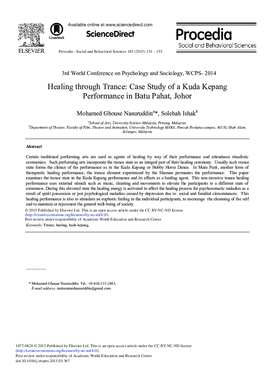 Healing through Trance: Case Study of a Kuda Kepang Performance in Batu Pahat, Johor 