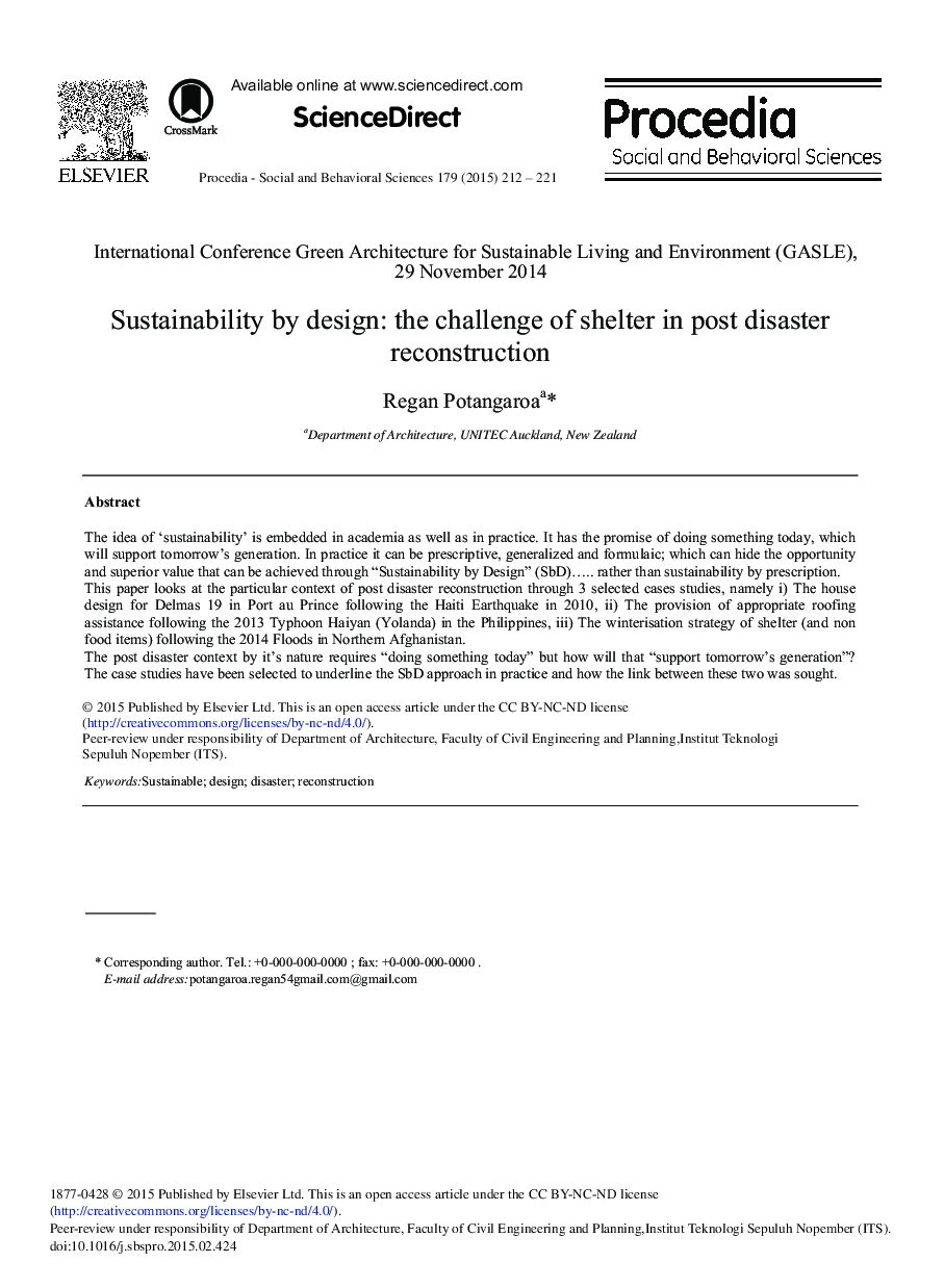 Sustainability by Design: The Challenge of Shelter in Post Disaster Reconstruction 