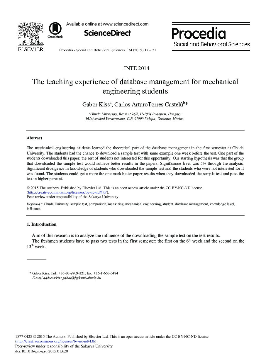 The Teaching Experience of Database Management for Mechanical Engineering Students 