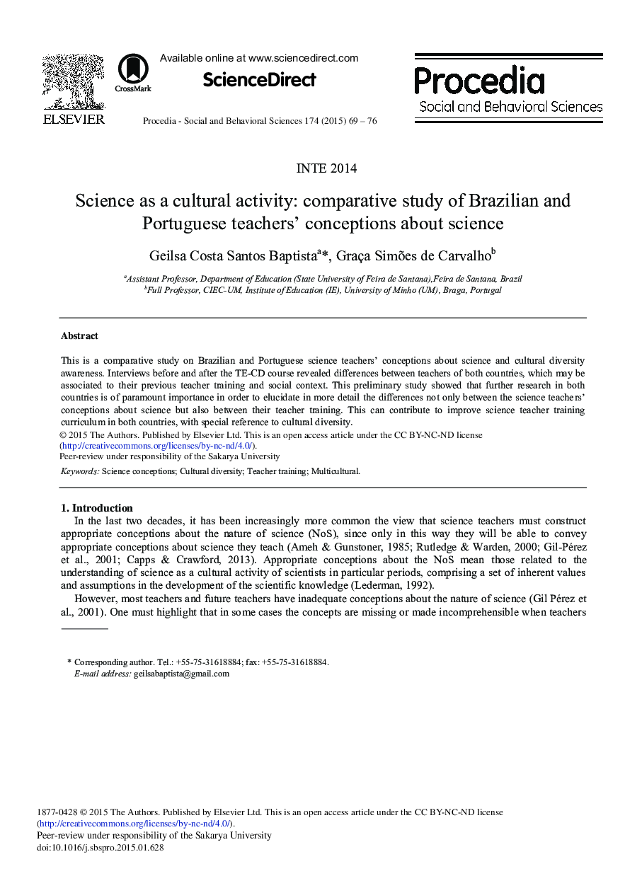 Science as a Cultural Activity: Comparative Study of Brazilian and Portuguese Teachers’ Conceptions about Science 