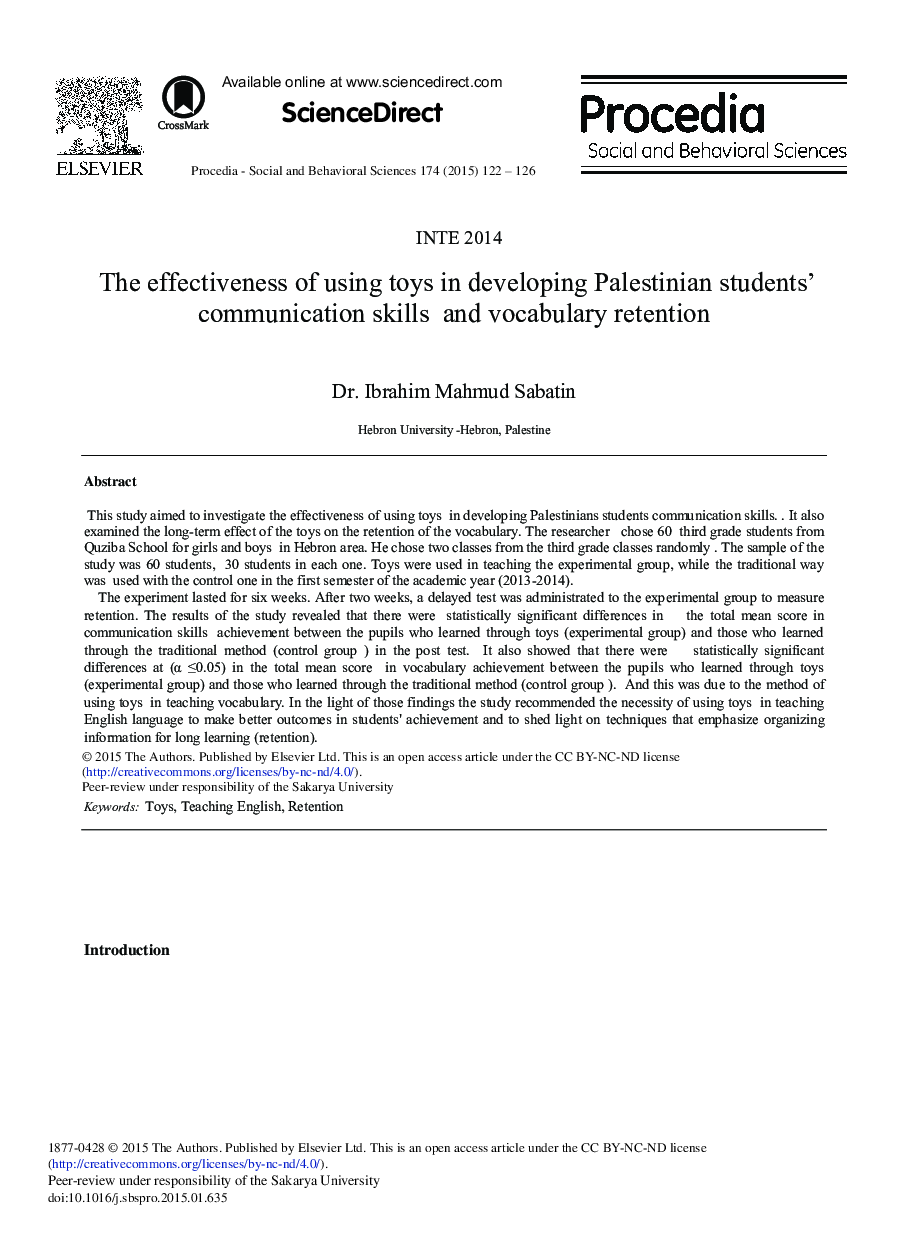 The Effectiveness of Using Toys in Developing Palestinian Students’ Communication Skills and Vocabulary Retention 