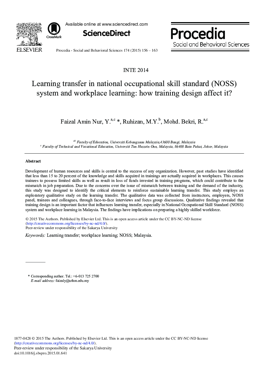 Learning Transfer in National Occupational Skill Standard (NOSS) System and Workplace Learning: How Training Design Affect it? 