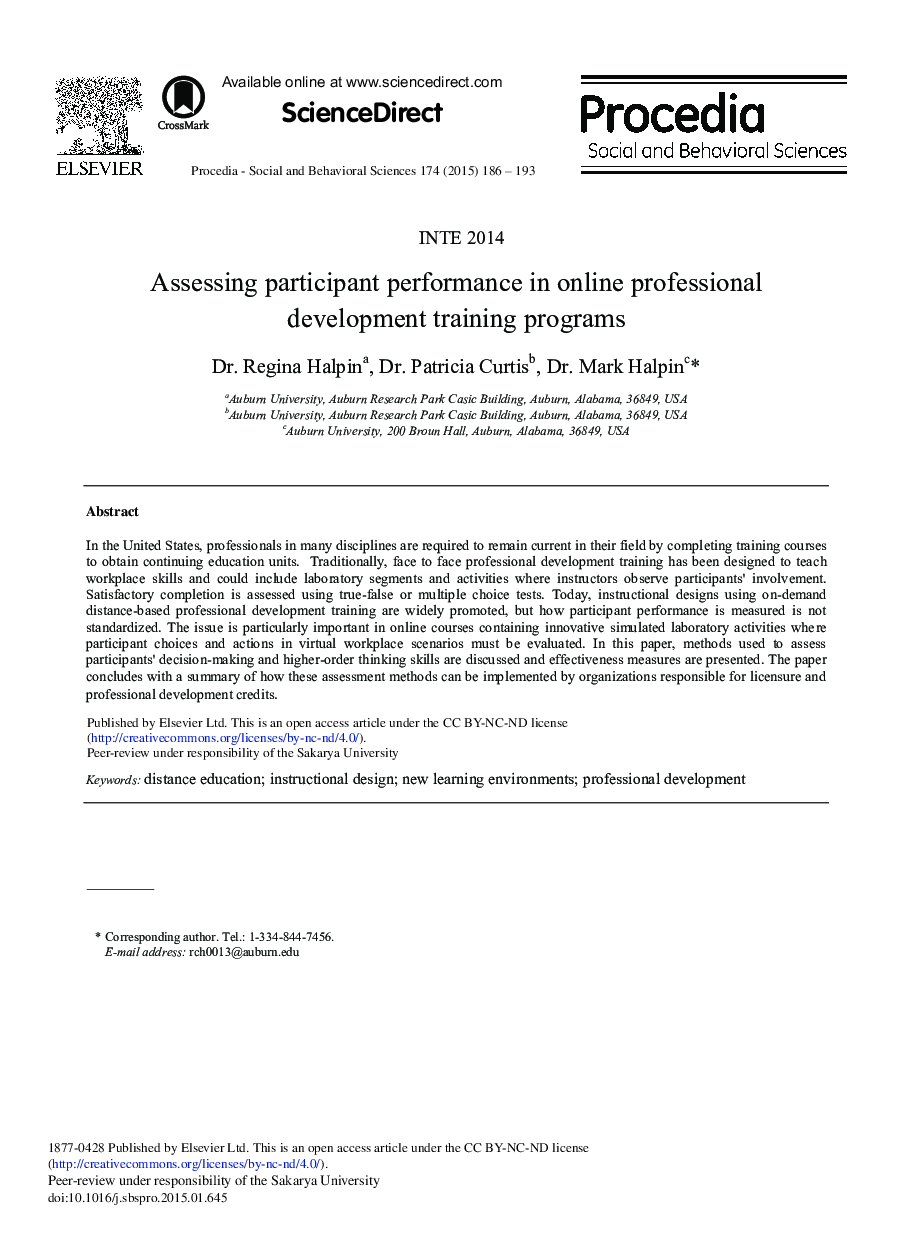 Assessing Participant Performance in Online Professional Development Training Programs 