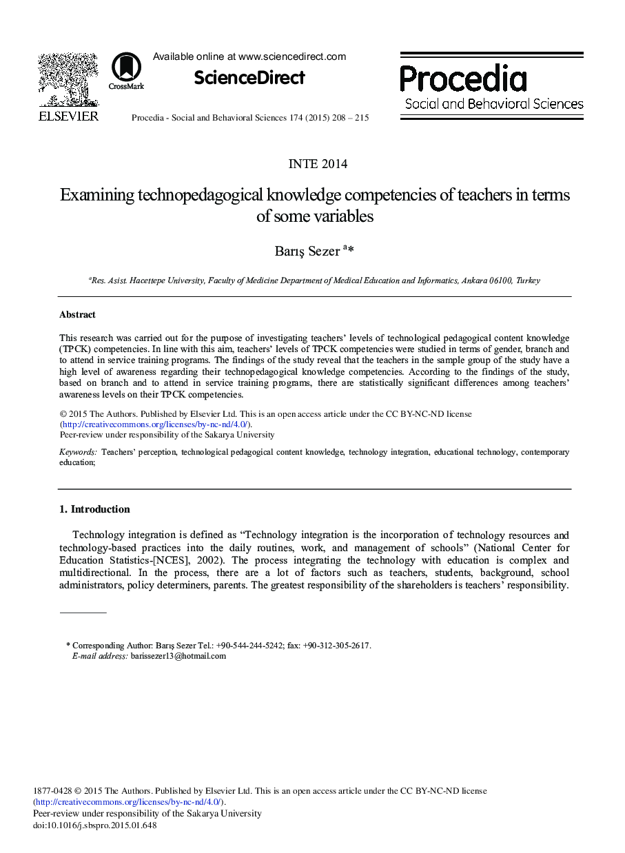 Examining Technopedagogical Knowledge Competencies of Teachers in Terms of Some Variables 