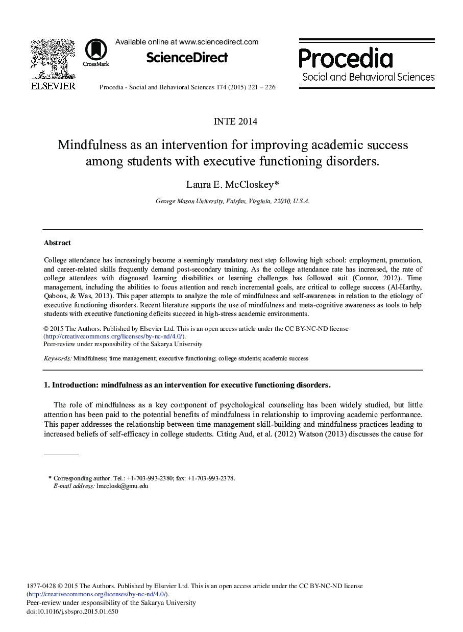 Mindfulness as an Intervention for Improving Academic Success among Students with Executive Functioning Disorders 