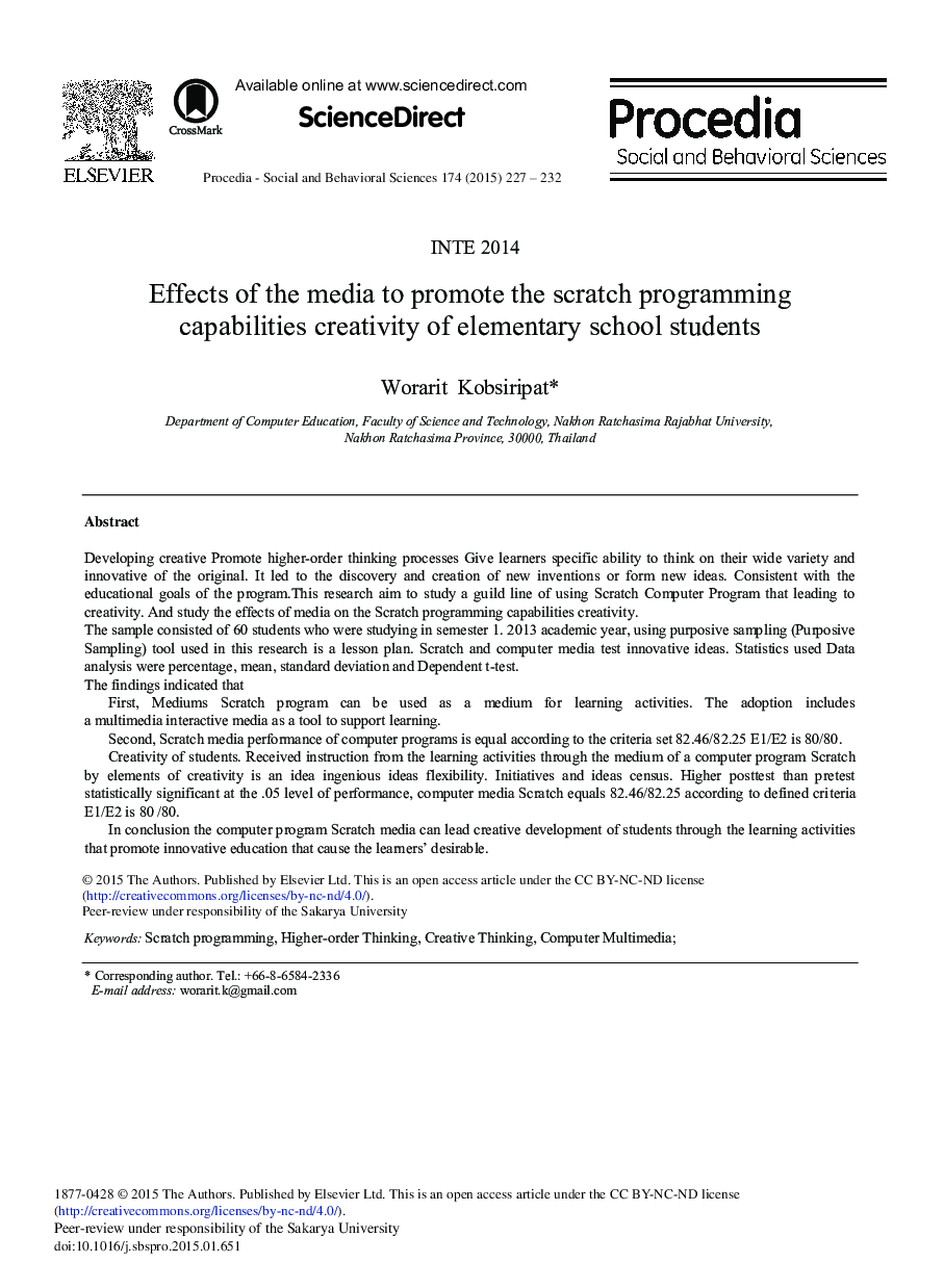 Effects of the Media to Promote the Scratch Programming Capabilities Creativity of Elementary School Students 