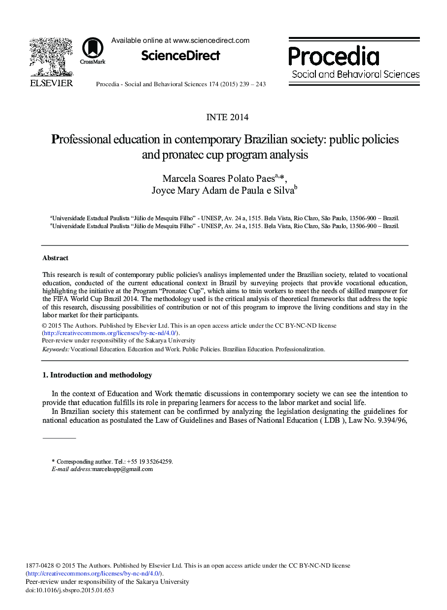 Professional Education in Contemporary Brazilian Society: Public Policies and Pronatec Cup Program Analysis 