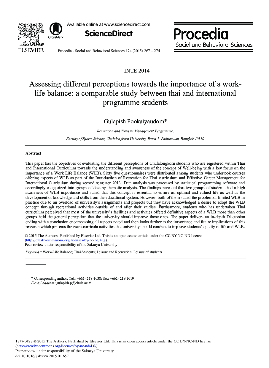 Assessing Different Perceptions towards the Importance of a Work-life Balance: A Comparable Study between Thai and International Programme Students 