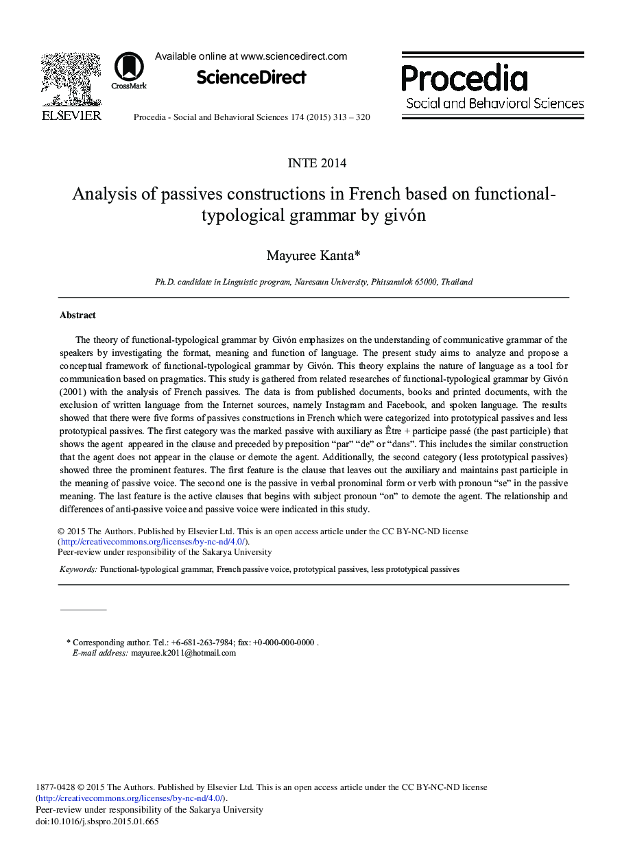 Analysis of Passives Constructions in French Based on Functional-typological Grammar by Givón 