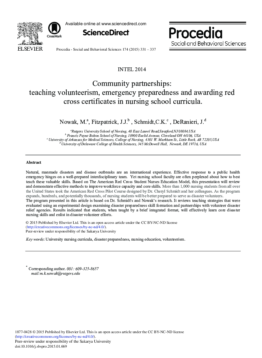 Community Partnerships: Teaching Volunteerism, Emergency Preparedness and Awarding Red Cross Certificates in Nursing School Curricula 