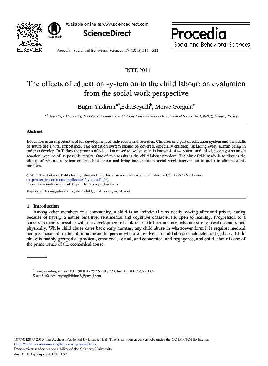 The Effects of Education System on to the Child Labour: An Evaluation from the Social Work Perspective 