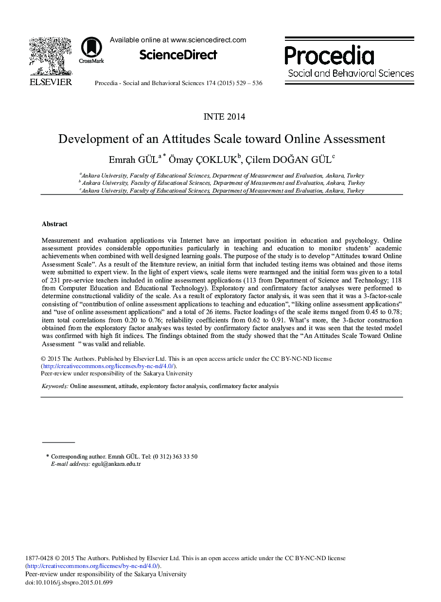 Development of an Attitudes Scale toward Online Assessment 