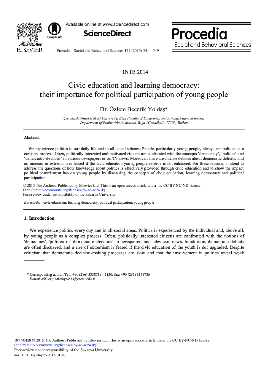 Civic Education and Learning Democracy: Their Importance for Political Participation of Young People 