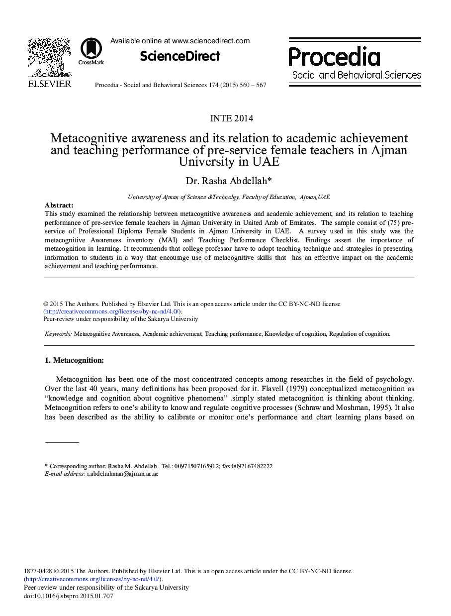 Metacognitive Awareness and its Relation to Academic Achievement and Teaching Performance of Pre-service Female Teachers in Ajman University in UAE 