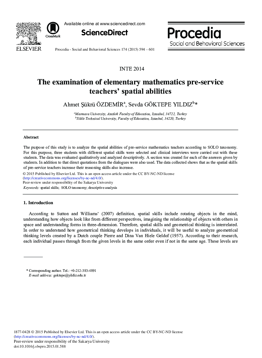 The Examination of Elementary Mathematics Pre-service Teachers’ Spatial Abilities 