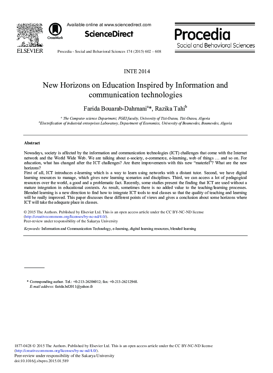 New Horizons on Education Inspired by Information and Communication Technologies 