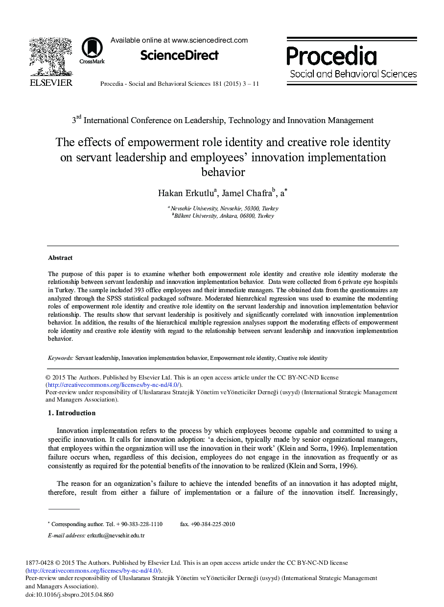 The Effects of Empowerment Role Identity and Creative Role Identity on Servant Leadership and Employees’ Innovation Implementation Behavior 