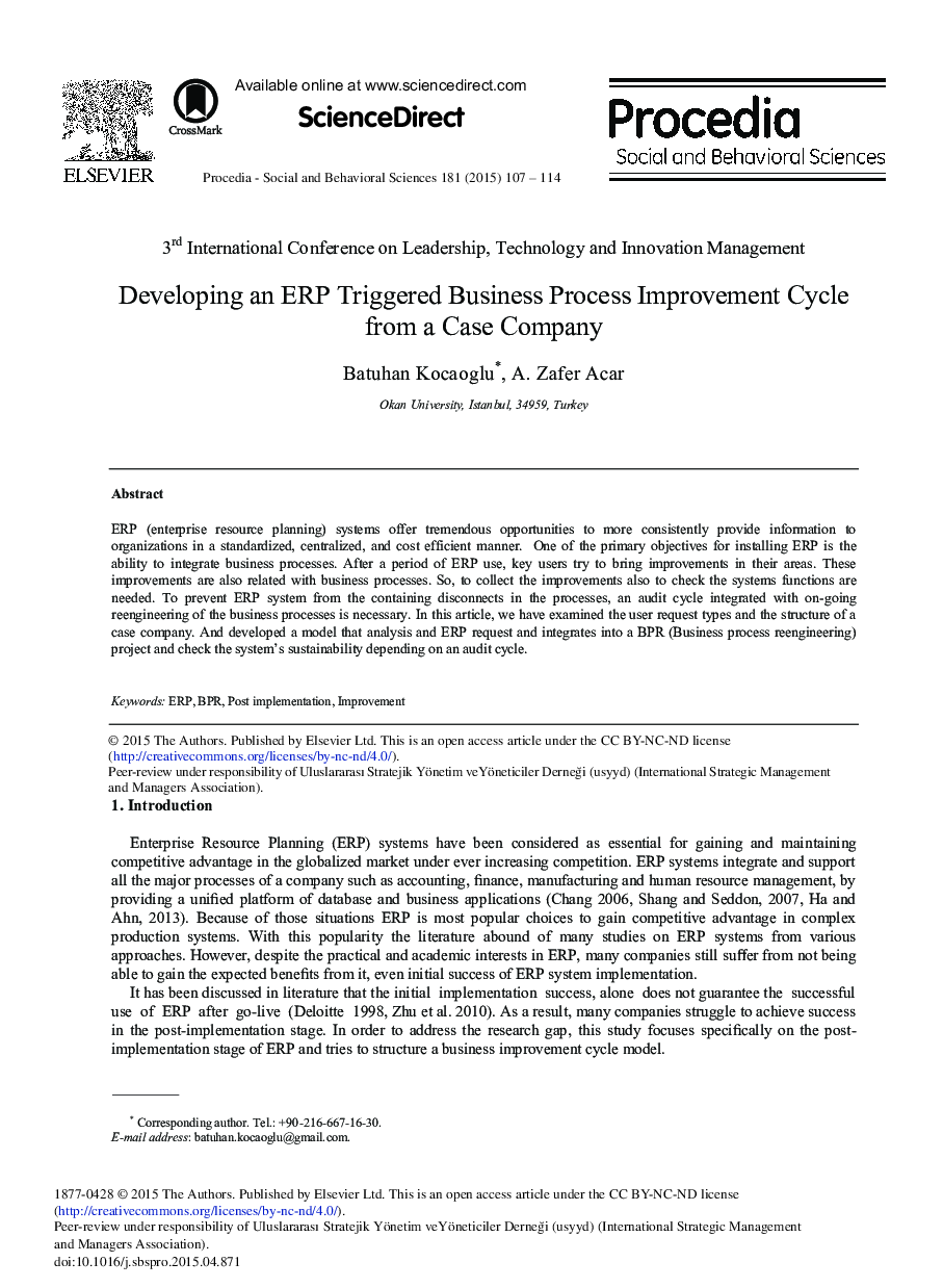 Developing an ERP Triggered Business Process Improvement Cycle from a Case Company 