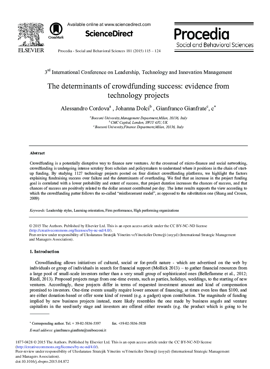 The Determinants of Crowdfunding Success: Evidence from Technology Projects 