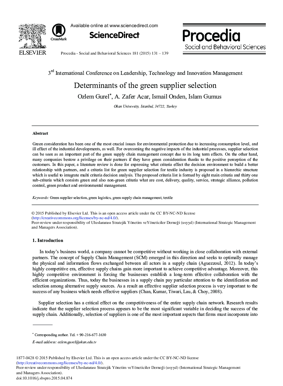 Determinants of the Green Supplier Selection 